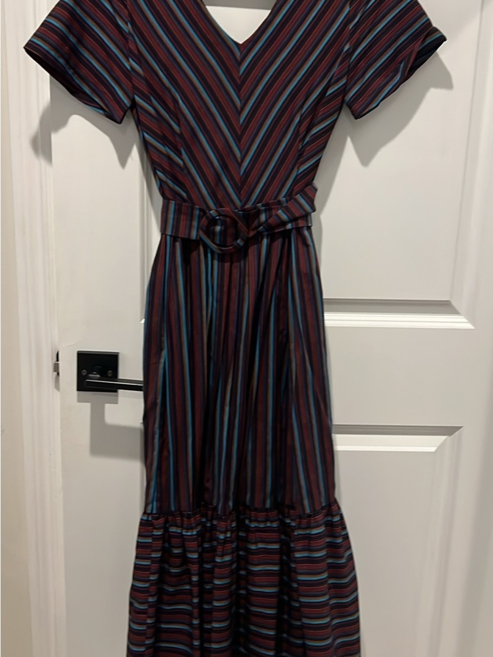 Femkit German Women’s Striped V-Neck Belted Maxi Dress - Blue & Burgundy